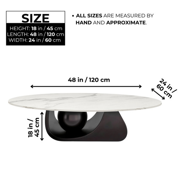Designer Oval Coffee Table 47" White Marble Surface, Metal Ball Matte Black Base, Centerpiece by Sona Casa