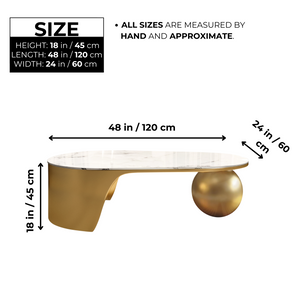 Designer 47" Golden Coffee Table, Ball Design Base, White Marble Top, Metal Frame, Home Decor by Sona Casa
