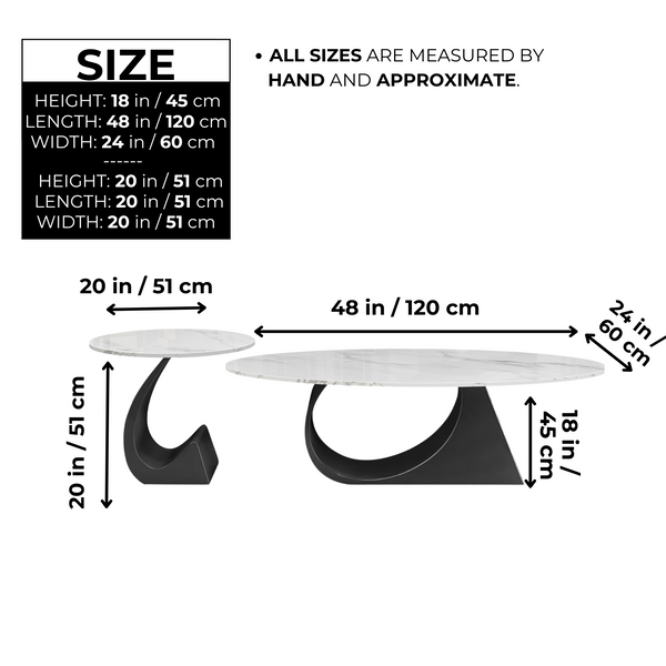 Modern Designer Oval Coffee Table Set 47" and 20" White Marble Top, Metal Matte Black Frame by Sona Casa