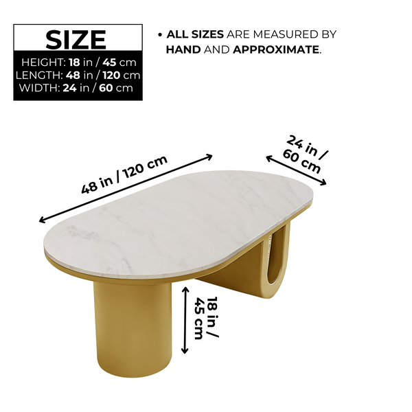Designer Coffee Table 47" White Marble Top, Metal Blocks Gold Frame Home Decor Centerpiece by Sona Casa