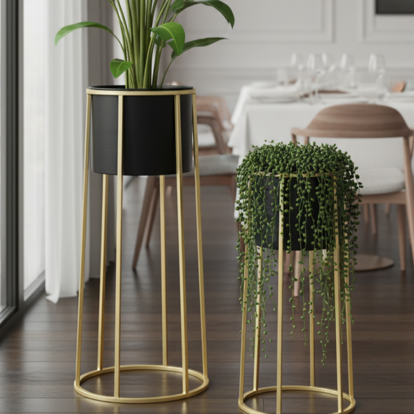 Modern Black Metal Pots Set Indoor Planters with Golden Stand for Fresh or Artificial Plants Living Room Office Decoration, Gifts-Sona Casa
