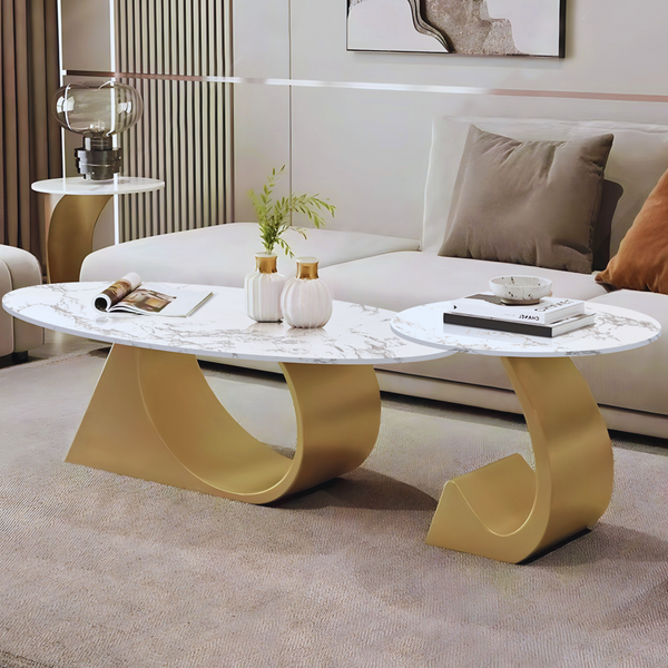Modern Oval Coffee Table Set 47" and 20" White Marble Top, Metal Gold Frame by Sona Casa