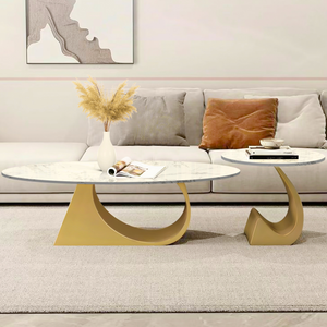 Modern Oval Coffee Table Set 47" and 20" White Marble Top, Metal Gold Frame by Sona Casa