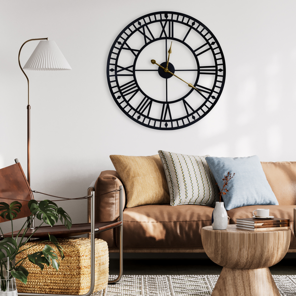 Oversized Round Metal Wall Clock, Large 32" Black Roman Numeral Silent Non Chime Clock, Home Office Decor-Sona Casa
