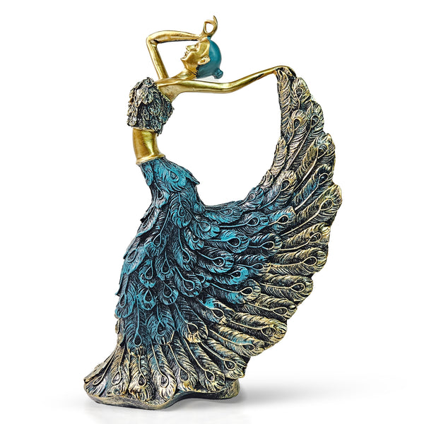 Peacock Feather Dancing Lady Figurine, Ballerina Statue, 11" Shelf, Mantle, Table, Desk Decor Centerpiece by Sona Casa