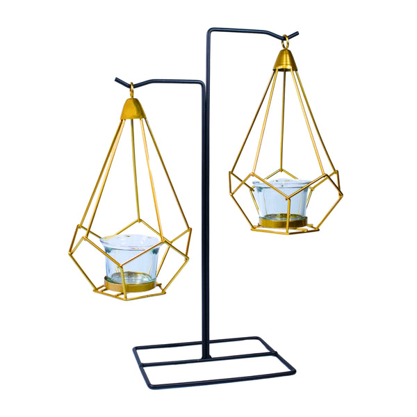 Gold Candle Holder, Metal Frame, 2 Glass Containers, 14" Home Decor by Sona Casa