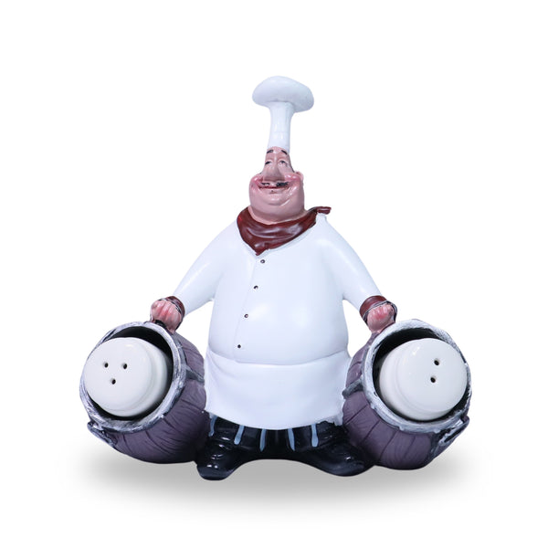 Polyresin Chef Statue, 2 Ceramic Pretzel Shakers, 7" Kitchen Decor by Sona Casa