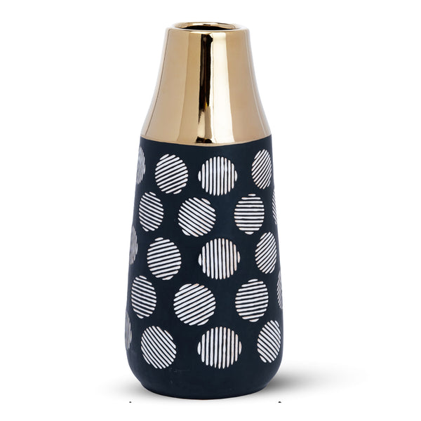 Black Ceramic Tulip Vase, Abstract, Golden Rim, 8" and 13" Table Vase Pair by Sona Casa