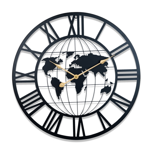 Round Metal Wall Clock, Black Embedded World Map, 24" Silent Roman Numeral Decorative Clock, Home Office Decor-Sona Casa