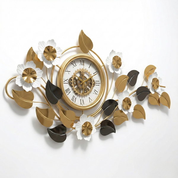 Large Elegant Wall Clock with Quartz Movement, Gold White Silver Floral Design Horizontal or Vertical Modern Decorative Home Accent Clock-Sona Casa