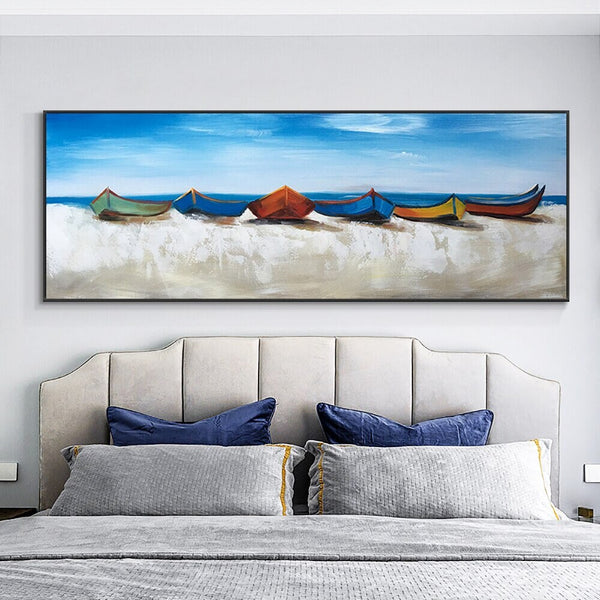 Sail Beyond' Original Oil Painting with Colorful Boats, Blue Seaside - Textured Coastal Artwork Living Room Decor, Housewarming Gift by Sona Casa