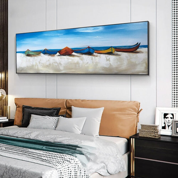 Sail Beyond' Original Oil Painting with Colorful Boats, Blue Seaside - Textured Coastal Artwork Living Room Decor, Housewarming Gift by Sona Casa