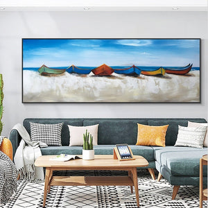 Sail Beyond' Original Oil Painting with Colorful Boats, Blue Seaside - Textured Coastal Artwork Living Room Decor, Housewarming Gift by Sona Casa