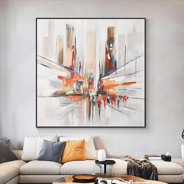 Original Abstract City Painting, Textured Orange Canvas Art Modern Framed Wall Art for Home Decor by Sona Casa