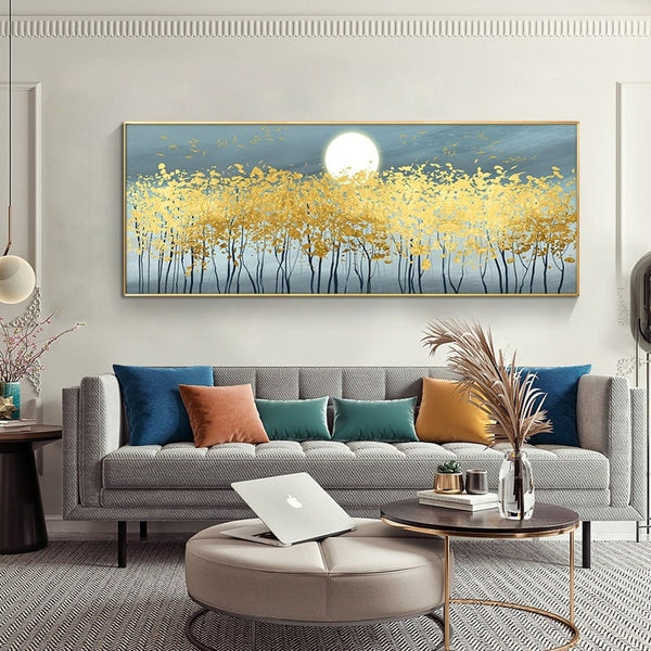 Golden Forest Painting - Original Abstract Gold Trees Acrylic Art, Textured Wall Decor for Living Room, Unique Housewarming Gift by Sona Casa