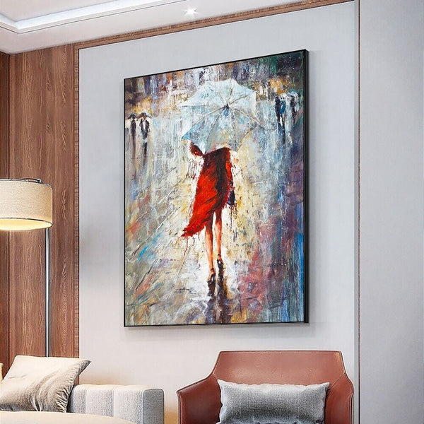 Woman in Red Dress Painting - Abstract Female Portrait Oil on Canvas, Chic Living Room Decor, Artistic New Homeowners Gift by Sona Casa