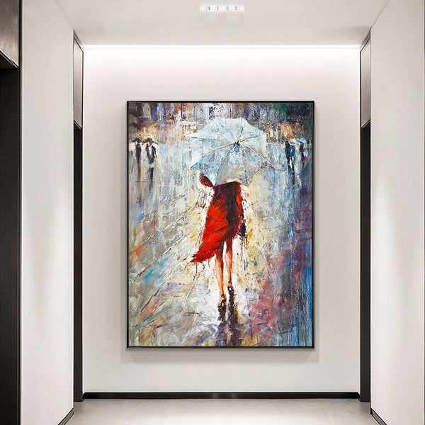 Woman in Red Dress Painting - Abstract Female Portrait Oil on Canvas, Chic Living Room Decor, Artistic New Homeowners Gift by Sona Casa