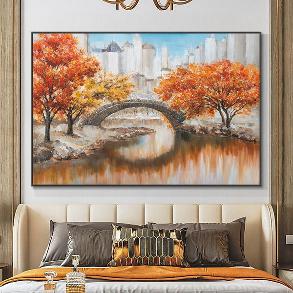 Bridging Testimony Of Time, Landscape Painting, Autumn Painting, Wall Art for Living Room, Trees Painting, Urban Painting, Nature Painting by Sona Casa