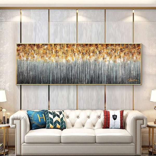 Original Art Landscape Painting - Hand Painted Golden Extravaganza, Large Canvas Wall Art for Living Room by Sona Casa