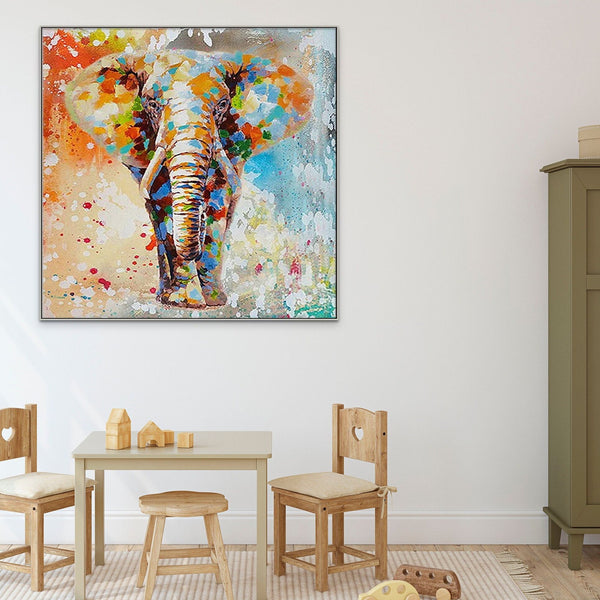 Elephant Painting Handmade - Colorful Wall Art on Canvas for Nursery, Whimsical Animal Decor Gift by Sona Casa