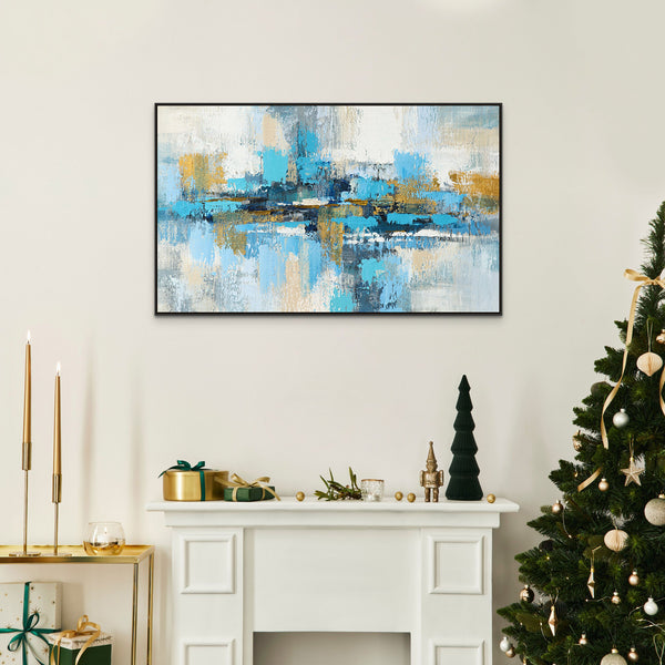 Random Strokes Large Abstract Canvas Painting - Blue and Gold Handmade Art for Living Room Decor, Unique Housewarming Gift by Sona Casa