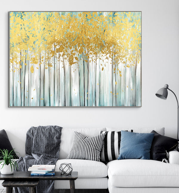 Abstract Tree Painting with Golden Leaves, Large Hand-Painted Oil on Canvas, Contemporary Wall Art Modern Home Decor, Housewarming Gift by Sona Casa