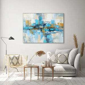 Random Strokes Large Abstract Canvas Painting - Blue and Gold Handmade Art for Living Room Decor, Unique Housewarming Gift by Sona Casa