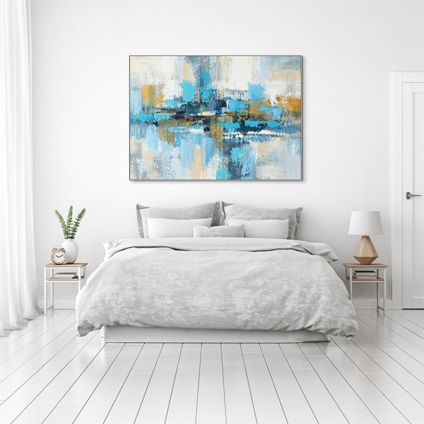 Random Strokes Large Abstract Canvas Painting - Blue and Gold Handmade Art for Living Room Decor, Unique Housewarming Gift by Sona Casa