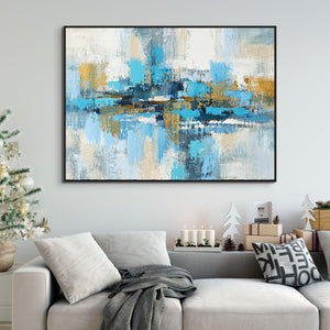 Random Strokes Large Abstract Canvas Painting - Blue and Gold Handmade Art for Living Room Decor, Unique Housewarming Gift by Sona Casa