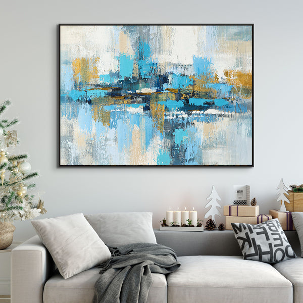 Random Strokes Large Abstract Canvas Painting - Blue and Gold Handmade Art for Living Room Decor, Unique Housewarming Gift by Sona Casa