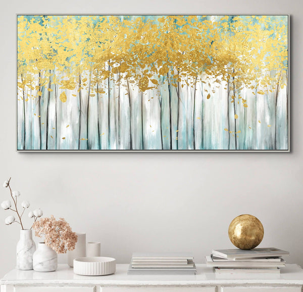 Abstract Tree Painting with Golden Leaves, Large Hand-Painted Oil on Canvas, Contemporary Wall Art Modern Home Decor, Housewarming Gift by Sona Casa