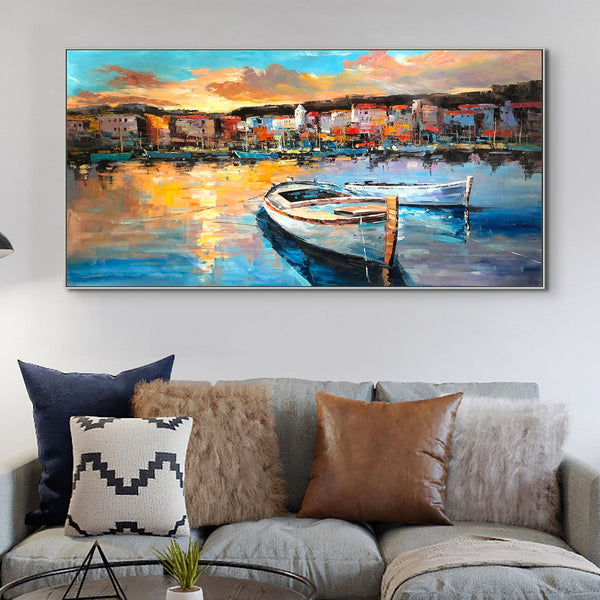 Italy Landscape Art - Colorful Portofino Harbour Scene, Handcrafted Wall Painting on Canvas, Art Lover Gift by Sona Casa