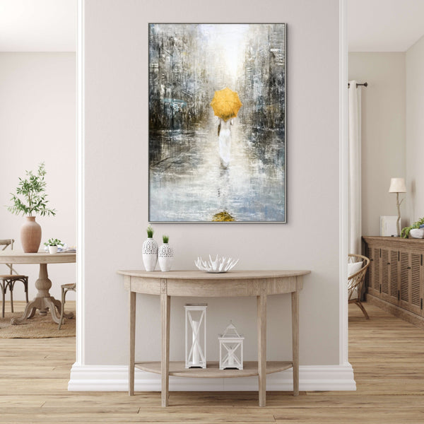 Lost in the City, Large Painting of Girl in Rain, Abstract Painting, Original Art, Oil Painting for Living Room, Oversized Wall Art, Yellow by Sona Casa