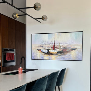 Colorful Marina Boat Painting Wall Art, Abstract Wall Art for Living Room, Painting on Canvas, Hand Painted Oil Painting for Home Decor by Sona Casa