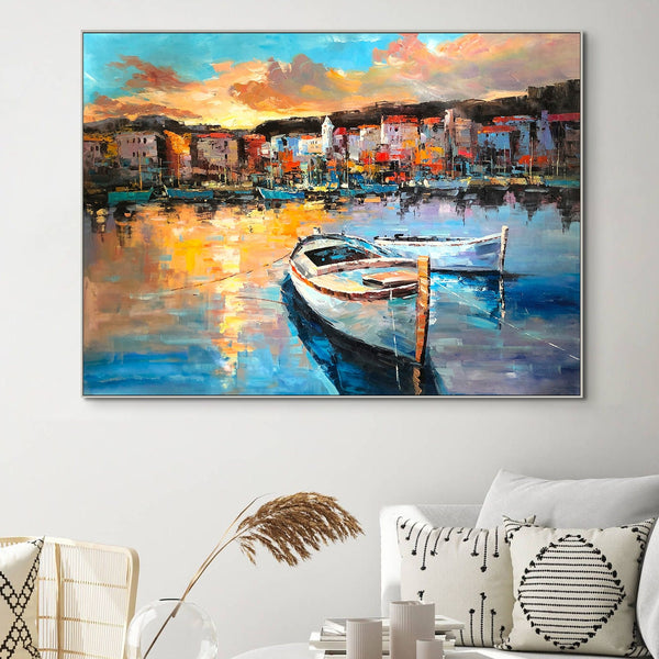 Italy Landscape Art - Colorful Portofino Harbour Scene, Handcrafted Wall Painting on Canvas, Art Lover Gift by Sona Casa