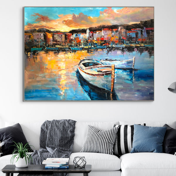 Italy Landscape Art - Colorful Portofino Harbour Scene, Handcrafted Wall Painting on Canvas, Art Lover Gift by Sona Casa