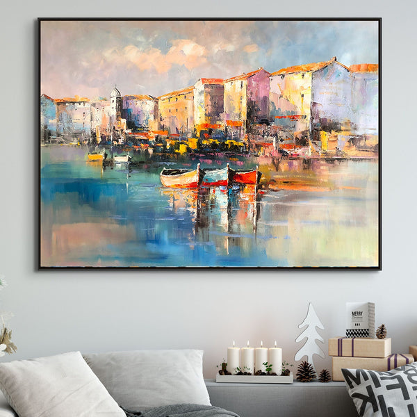 Portofino Italy Oil Painting on Canvas - Vivid Italian Landscape Wall Art for Home Decor, Original Portofino Marina Scene by Sona Casa