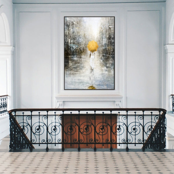Lost in the City, Large Painting of Girl in Rain, Abstract Painting, Original Art, Oil Painting for Living Room, Oversized Wall Art, Yellow by Sona Casa
