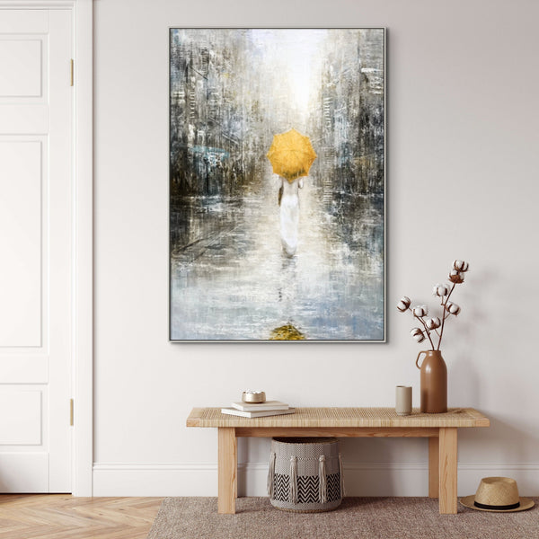 Lost in the City, Large Painting of Girl in Rain, Abstract Painting, Original Art, Oil Painting for Living Room, Oversized Wall Art, Yellow by Sona Casa