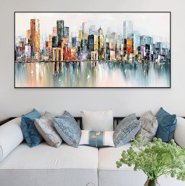 Abstract New York Painting - Handmade Large Canvas Art, Urban Cityscape Oil Painting for Modern Wall Decor, Unique Housewarming Gift by Sona Casa