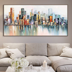 Abstract New York Painting - Handmade Large Canvas Art, Urban Cityscape Oil Painting for Modern Wall Decor, Unique Housewarming Gift by Sona Casa
