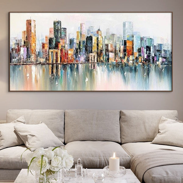 Abstract New York Painting - Handmade Large Canvas Art, Urban Cityscape Oil Painting for Modern Wall Decor, Unique Housewarming Gift by Sona Casa