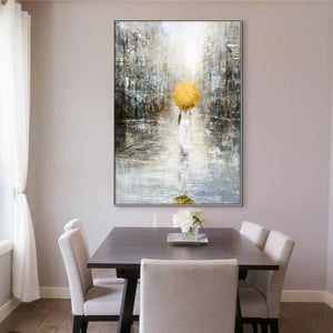 Lost in the City, Large Painting of Girl in Rain, Abstract Painting, Original Art, Oil Painting for Living Room, Oversized Wall Art, Yellow by Sona Casa