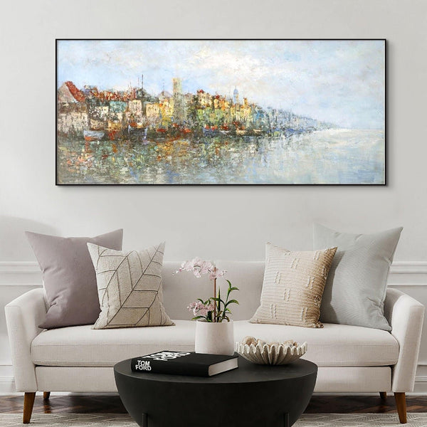 Lake Painting Cityscape Canvas Art, Abstract City Landscape on Framed Canvas, Contemporary Wall Art, Unique Housewarming Gift by Sona Casa