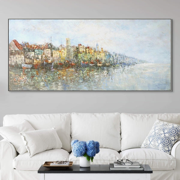 Lake Painting Cityscape Canvas Art, Abstract City Landscape on Framed Canvas, Contemporary Wall Art, Unique Housewarming Gift by Sona Casa