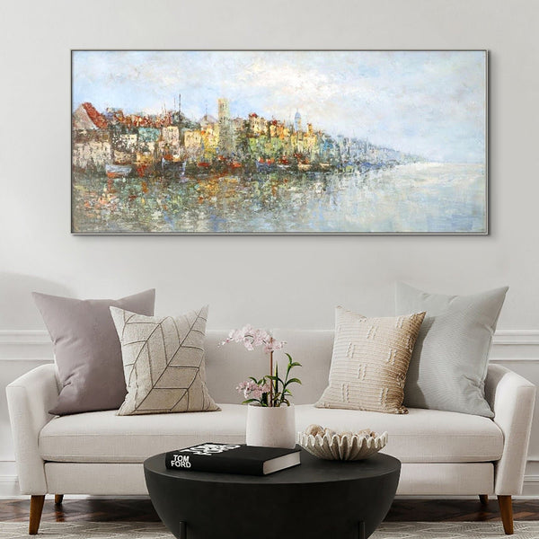 Lake Painting Cityscape Canvas Art, Abstract City Landscape on Framed Canvas, Contemporary Wall Art, Unique Housewarming Gift by Sona Casa