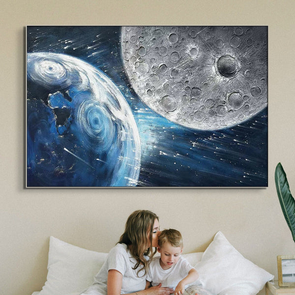 Earth and Moon Painting - Large Textured Canvas Wall Art, Celestial Space Decor for Home and Office, Unique Astronomy Gift by Sona Casa