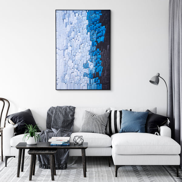 Blue Hues Stripe Illusion Large Framed 3D Abstract Wood Canvas Art For Modern Home Decor by Sona Casa