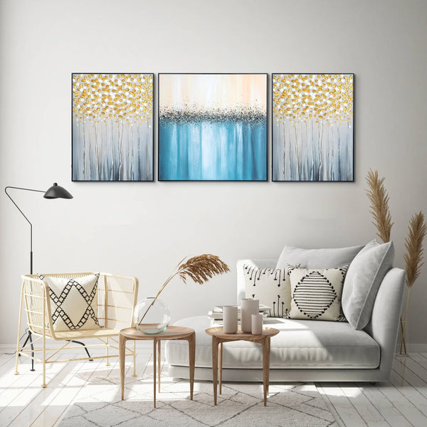 Abstract Floral Trio Canvas, 79" Textured Boho Wall Art Set Home Decor by Sona Casa