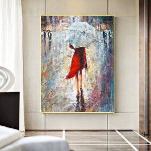 Woman in Red Dress Painting - Abstract Female Portrait Oil on Canvas, Chic Living Room Decor, Artistic New Homeowners Gift by Sona Casa